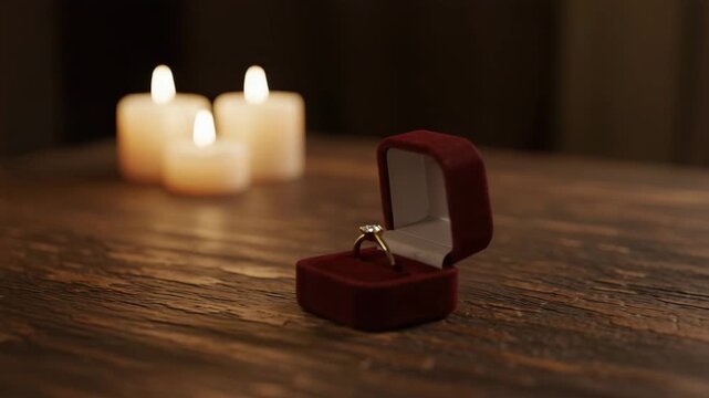 Romantic engagement ring in red velvet box with candles in background  