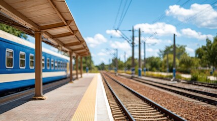Naklejka premium Train station with blue train on a sunny day featuring clear skies and empty platform waiting for passengers to embark