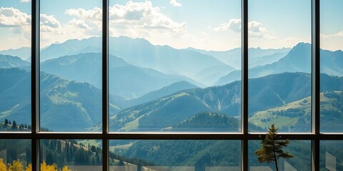 Large window overlooking scenic mountain range, sunlit , high angle, vista