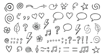 A large collection of hand-drawn doodle elements including arrows, hearts, speech bubbles, and musical notes on a white background.