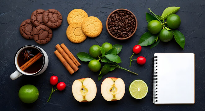 Cozy Autumn Still Life Cookies Spices Fruits and Notebook on Dark Background - Powered by Adobe