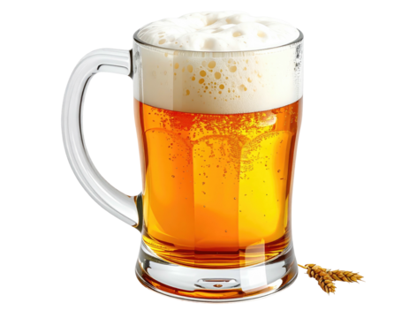 A tall glass mug overflowing with golden beer and thick, frothy head