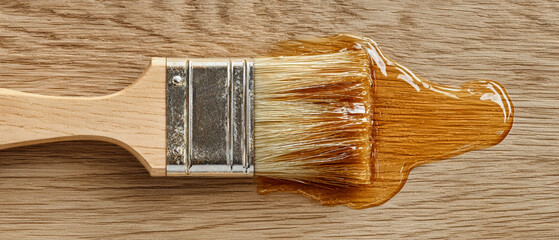 Detailed view of a paint brush with varnish on wooden surface, showcasing craftsmanship in home improvement tasks