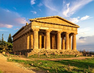 Ancient Greek Temple Ruins Lit by Golden Sunlight with Grass Field Under a Blue Sky with Fluffy Clouds Landscape