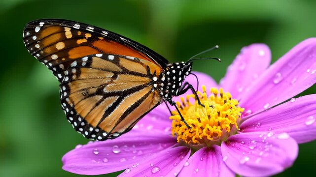 Monarch butterfly rests on a vibrant purple flower collecting nectar.