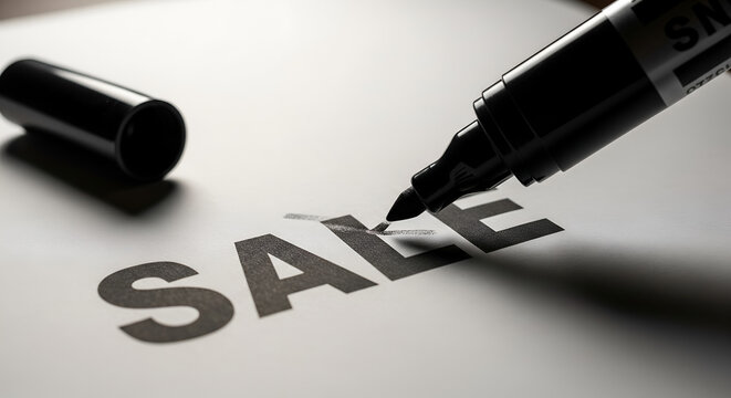 Intense close-up of a black marker creating a bold SALE sign, a powerful concept for marketing, promotions, and discounts.