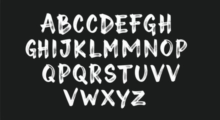 Hand-drawn uppercase English alphabet with a white chalk or brush stroke effect on a dark background.