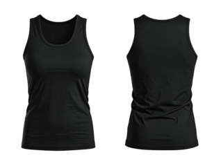 Front and back view of a black, sleeveless athletic tank top against black