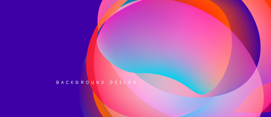 Abstract fluid shapes overlap, creating vibrant color gradients. Purple, pink, orange hues dominate design. Modern aesthetic.