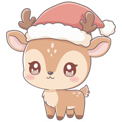 Cute Christmas Reindeer, Fawn Vector, Kawaii Reindeer, Fawn Santa Hat Clipart,  White Reindeer Holiday Illustration, Adorable Reindeer Drawing, Xmas Greeting Card Sticker
