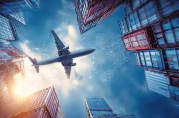 Dynamic global logistics concept with cargo plane soaring above