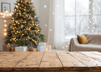 christmas tree on a wooden table for product and christmas card, invitation.