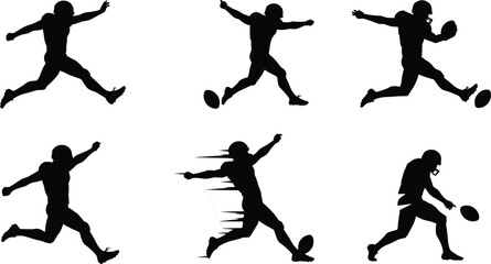 American football player kicking silhouette, sports action pose, football kick sequence, athletic motion, helmet uniform, dynamic movement, training concept, black background
