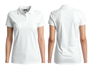 Front & back view of a white polo shirt on a woman, isolated on black
