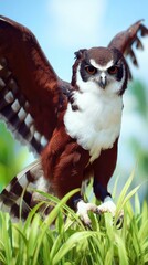 Majestic bird of prey stands proudly in the green grass under a bright blue sky during a sunny day in the wild