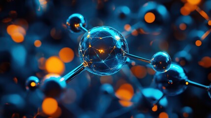An abstract representation of molecular structures, featuring glowing spheres and connections, illuminated by vibrant blue and orange lights.