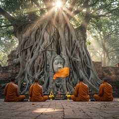 Monks Meditating at Ancient Buddha Head in Tree Roots