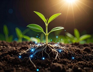A vibrant seedling sprouts from dark earth, illuminated by sunlight and glowing roots