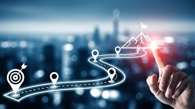 A hand points to the mountain peak with a flag, symbolizing the ultimate goal and success, with a winding road leading to the destination