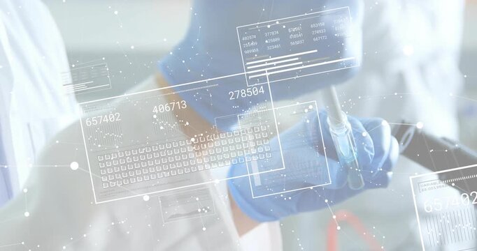 Gloved hand raising pipette initiating live data overlays showing numbers, dropping fluid