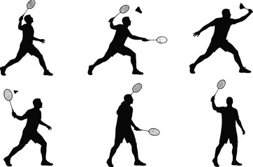 Badminton player silhouette, black vector illustration, racket swing pose, shuttlecock action, dynamic movement, isolated icon, athletic gesture, sports technique