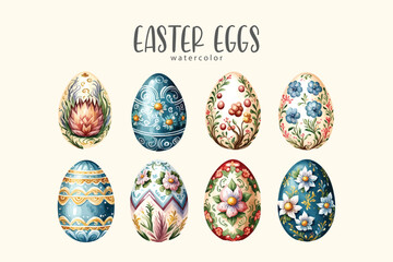 Easter eggs set collection watercolor vector on isolated background. Perfect for holiday design, spring decorations, festive greeting cards, DIY crafts, and seasonal creative projects.