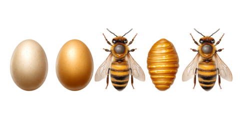 Honey Bee Life Cycle Stages: Egg, Larva, Pupa, and Adult Illustrative concept of insect metamorphosis and development on black background
