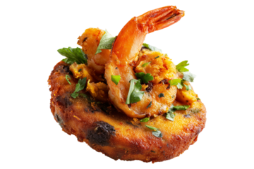 Gourmet shrimp atop polenta cake, garnished with herbs, isolated on white transparent background, concept of fine dining cuisine.