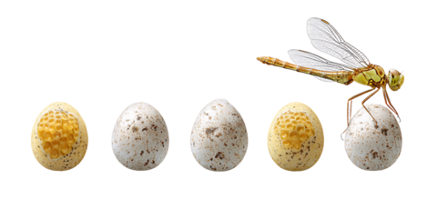 Dragonfly resting on speckled eggs, showcasing insect life cycle and natures intricate design with detailed textures and patterns on a black background