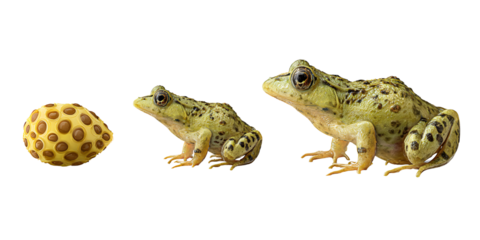Frog Life Cycle: Closeup of frog eggs and two green adult frogs on a black background, showcasing amphibian development and natures transformation