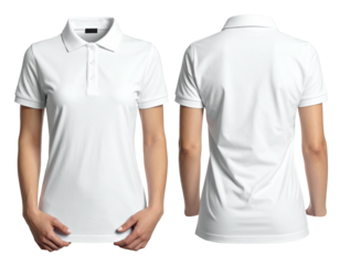 Front and back views of a white polo shirt on a person against a black backdrop