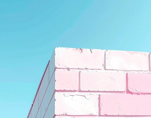 Corner of a pink brick wall against a bright turquoise sky, minimalist composition