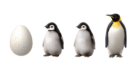 Obraz premium Emperor penguin life cycle showing egg, chick, and adult stages against a black background Concept of animal development, wildlife, and antarctic nature