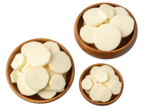 Overhead shot of three wooden bowls filled with white, round vegetable slices