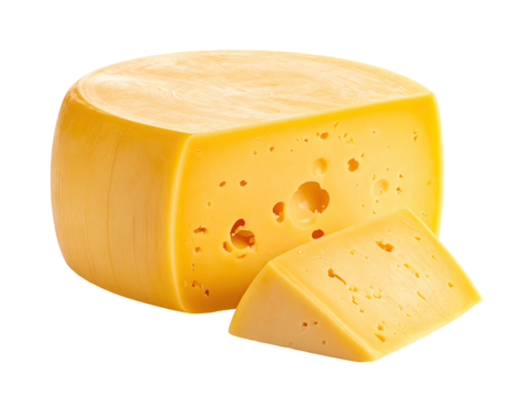 Round cheese wheel with a wedge cut out, showcasing a vibrant yellow interior