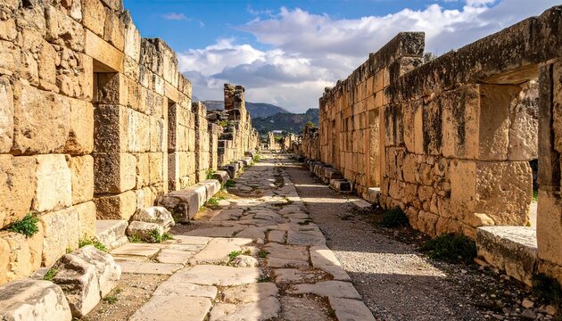 Ancient Stone Road Through Historic Ruins Under Cloudy Sky in Perge Turkey