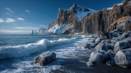 Naklejka premium A dramatic coastal landscape with towering snow-patched cliffs overlooking a black sand beach strewn with frost-covered 