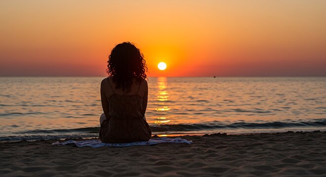 Silhouette of person watching sunset over ocean water at sandy beach horizon