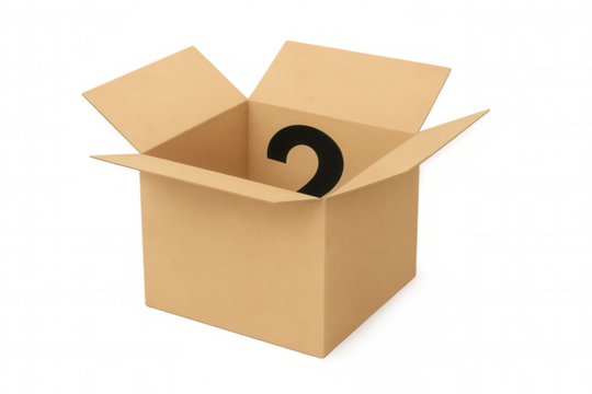 Cardboard box with question mark opening, revealing uncertainty, mystery, and discovery, transparent background