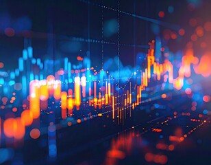 Abstract digital graph of financial data with red/blue light, bokeh effect