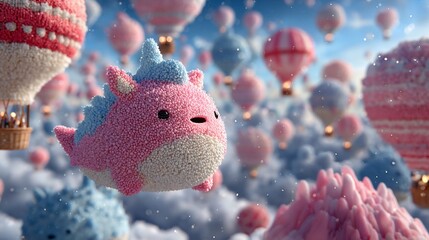 Cute, pink, fuzzy, unicorn-like creature flies amongst fluffy, pastel hot air balloons in a dreamy sky