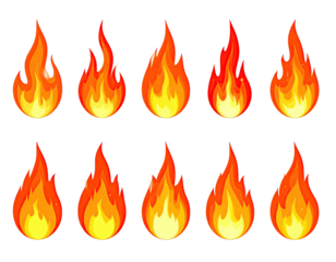 Ten stylized cartoon flames, arranged in two rows, glowing against a black background
