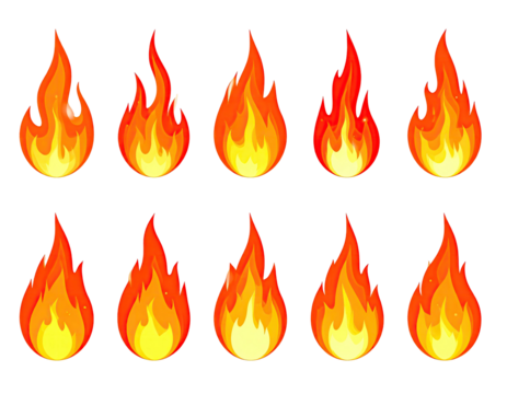Ten stylized cartoon flames, arranged in two rows, glowing against a black background