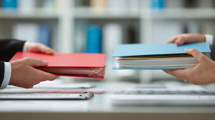 Business deal visual showing two people exchanging folders across a desk. Represents document transfer, contract agreement, and formal business negotiation between partners