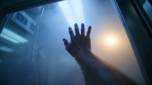 An Insignificant Yet Profound Moment Captured in Two Frames, Revealing a Hand Reaching Out Through a Layer of Fog and Light, Conveying Emotion and Isolation in a Transcendent Atmospheric Setting.