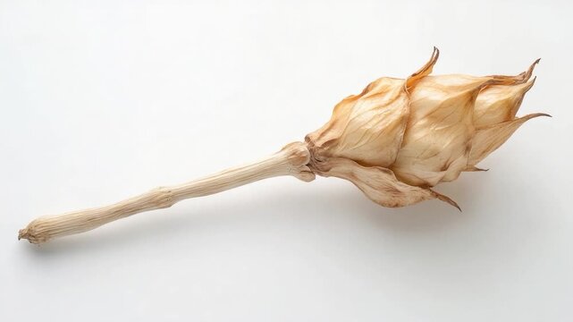 Close-up of a withered flower head on a plain white background, ideal for use in still life photography or as a design element
