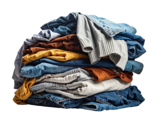 A layered stack of folded and unfolded clothing in various colors on black