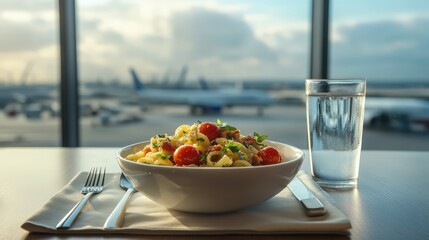 A delicious pasta dish served at an airport, with a glass of water and a view of planes and clouds outside the window.