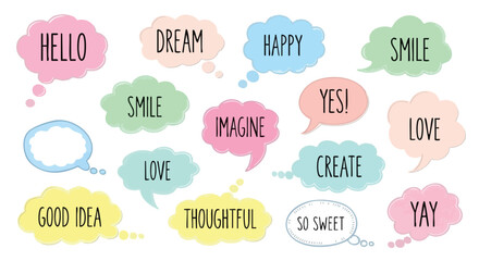 Colorful speech bubbles with positive words and phrases, expressing emotions and ideas.