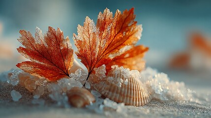 Delicate orange leaves and seashell nestled amidst sparkling crystals on a sandy surface, soft light
